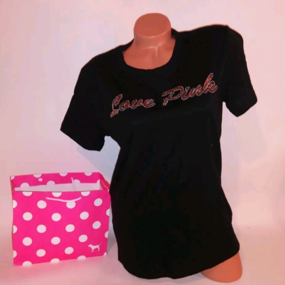 Victoria Secret PINK T Shirt L Black Gold Sequin Bling Logo Campus Tee Cropped - Picture 4 of 6
